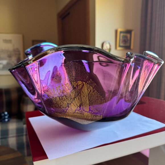 Matthew Buechner Thames Glass Amethyst Bowl with Gold & Silver Signed Rare 1997 - Picture 9 of 10